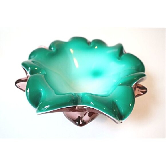 Murano Cased Glass Bowl Green White Ashtray Mid Century Art Glass - Picture 7 of 7